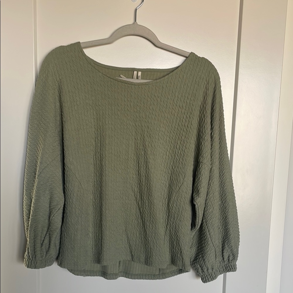 Anthropologie Green Puff Sleeve Ribbed Blouse